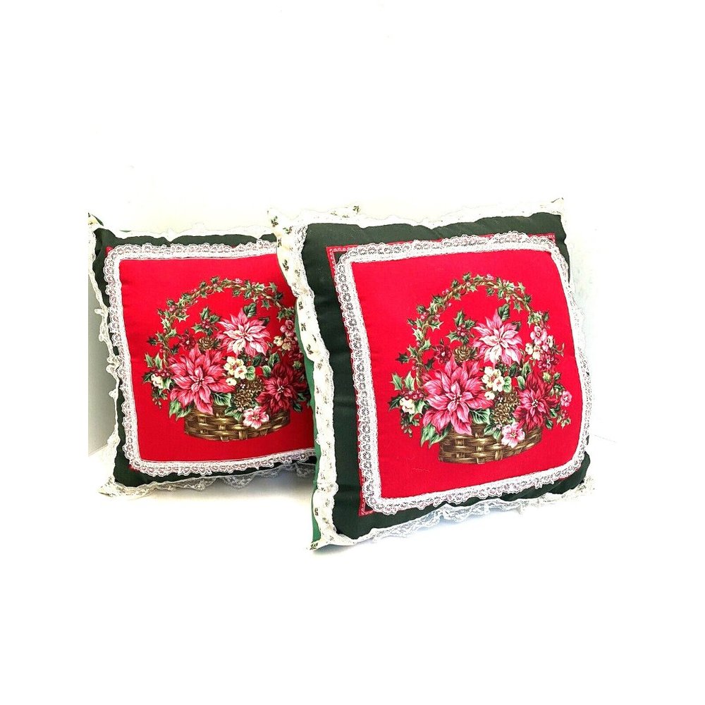 Vintage handmade Christmas throw pillows poinsettias trimmed in lace MCM Retro